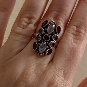 Vintage Nicky Butler Sterling Silver Garnet & Rainbow Moonstone Ring Size 7.75